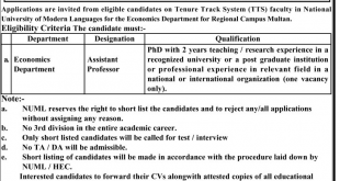 Assistant Professor Faculty Job, Islamabad NUML Multan Jobs.