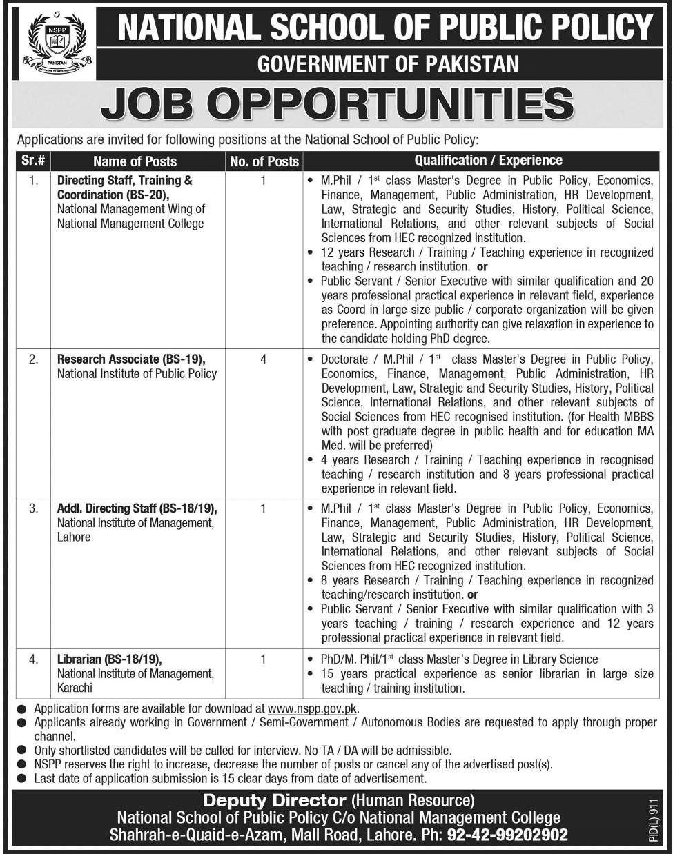 GOVT NATIONAL SCHOOL OF PUBLIC POLICY (NSPP) JOBS 2015.