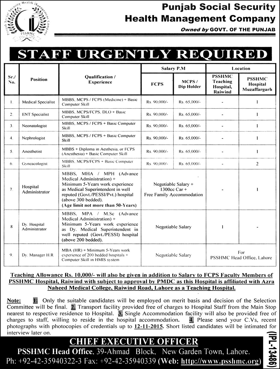 Jobs in Social Security Health Management Company Punjab 2015