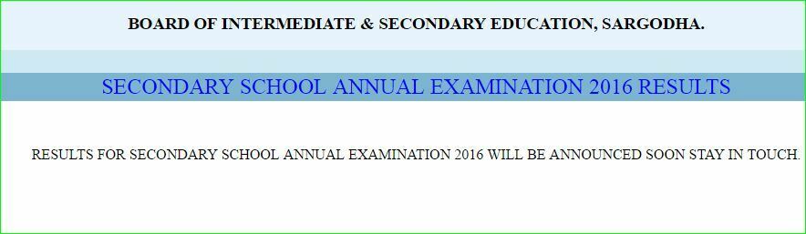 BISE Sargodha SSC Annual Exam 2016 Result 