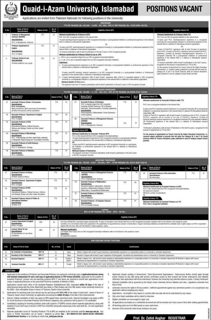 Quaid-i-Azam University(QAU)Islamabad Job October 2020
