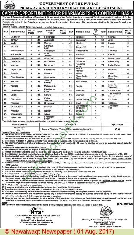 NTS Primary & Secondary Healthcare Department Jobs