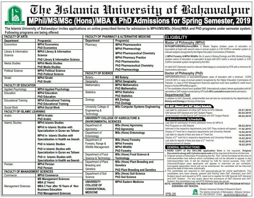 Islamia University of Bahawalpur Admission Spring 2019