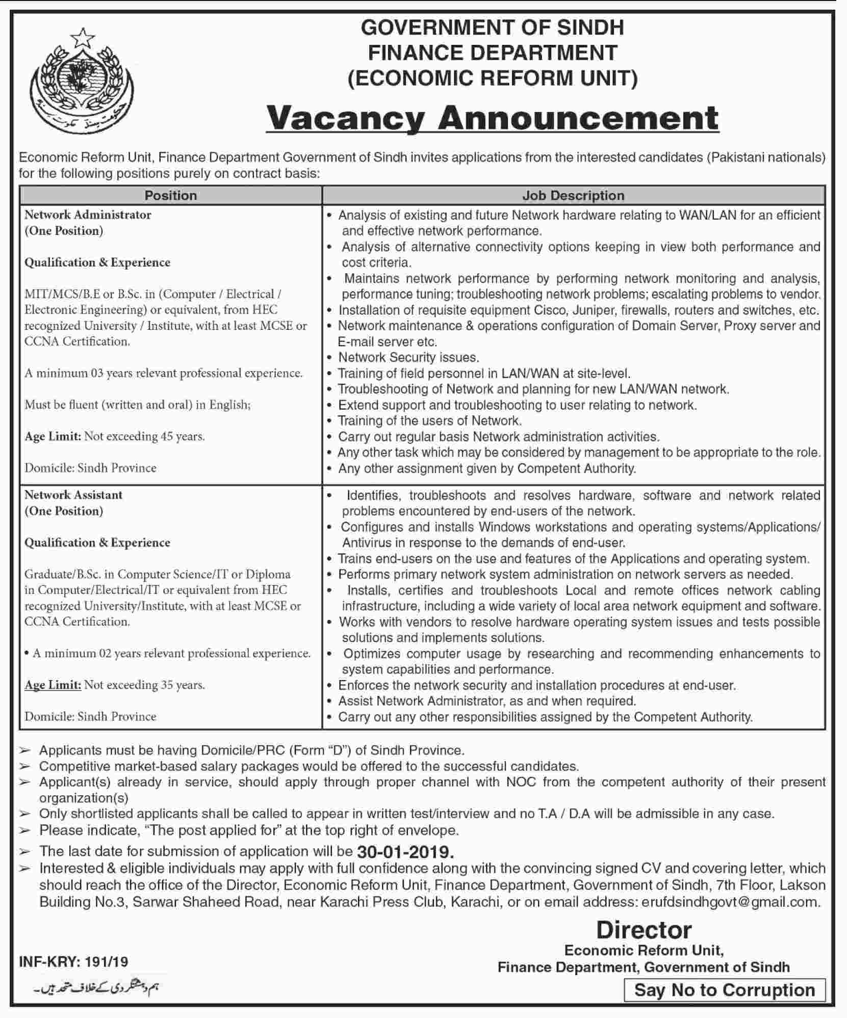  GOVERNMENT OF SINDH FINANCE DEPARTMENT JOBS