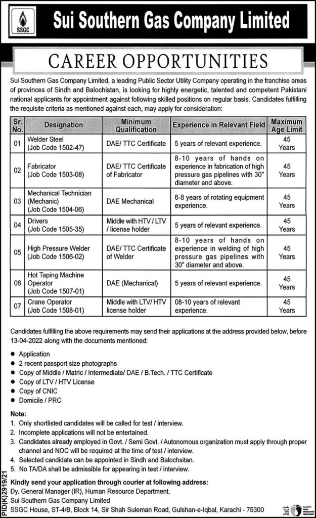 Sui Southern Gas Company Limited Jobs 2022
