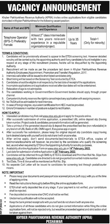 Khyber Pakhtunkhwa Revenue Authority (KPRA) ETEA Jobs 2022