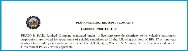 Peshawar Electric Supply Company (BPS-17) PESCO Jobs