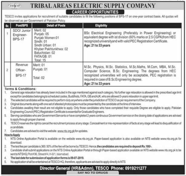 Tribal Electric Supply Company TESCO Peshawar NTS Jobs
