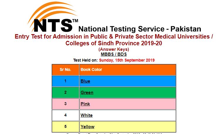 Entry Test for Admission in Public & Private Sector Medical Universities / Colleges of Sindh Province 2019-20 (Answer Keys)