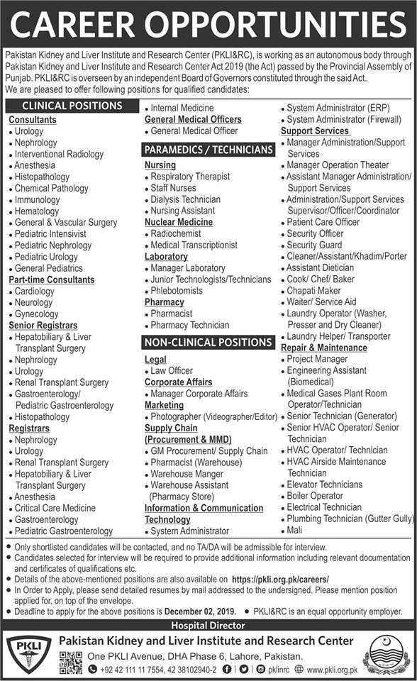 Pakistan kidney and Liver Institute and Research Center Jobs