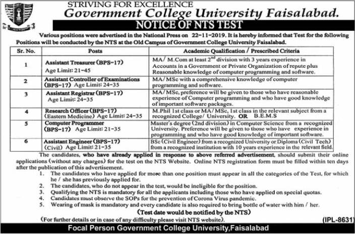 Government College University Faisalabad Jobs NTS Test Result 2022