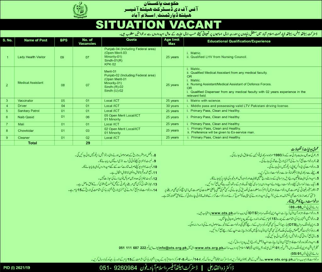 District health officer health department Islamabad jobs 17th November 2019