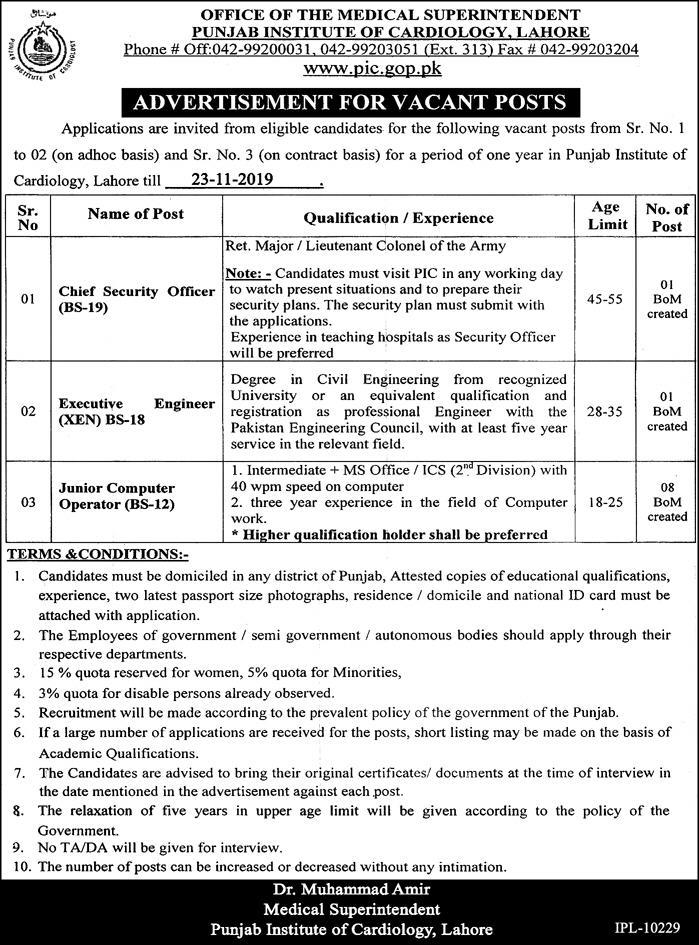 Punjab Institute of Cardiology Lahore Jobs 7th November 2019
