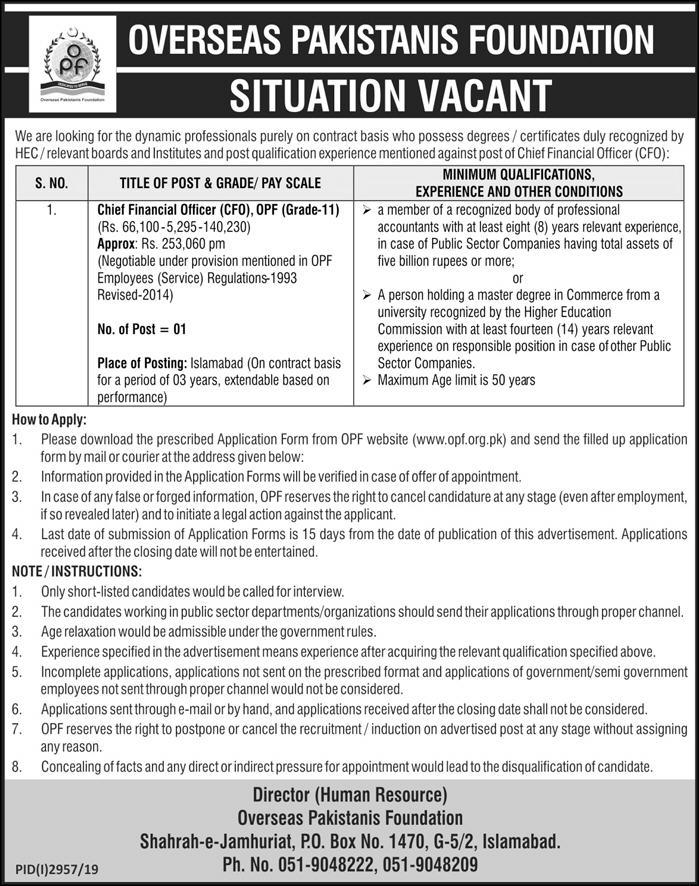 Overseas Pakistanis Foundation Chief Financial Officer Jobs 
