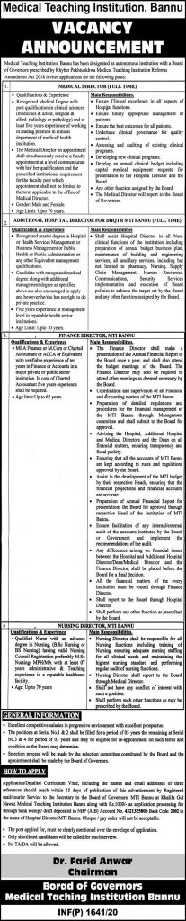 Medical Teaching Institution (MTI)Bannu Director Jobs May 2020