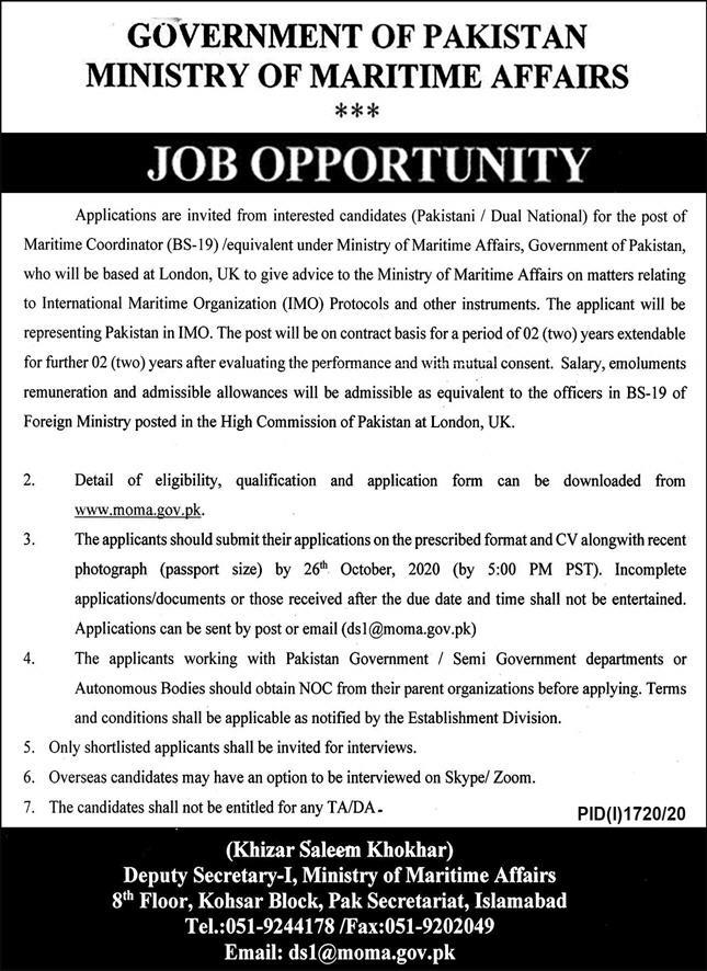 Ministry of Maritime Affairs(MOMA) Jobs 2nd October 2020