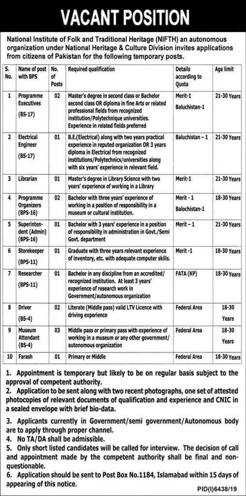 National Institute of Folk & Traditional Heritage (NIFTH) Islamabad Jobs 2nd June 2020