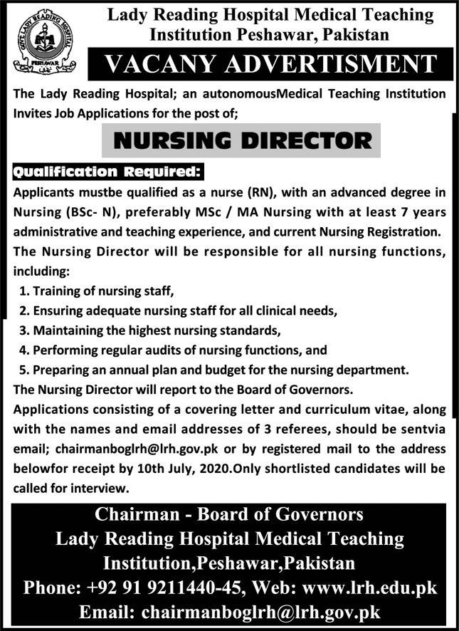 LRH Medical Teaching Institution Peshawar Nursing Director Jobs 25th June 2020