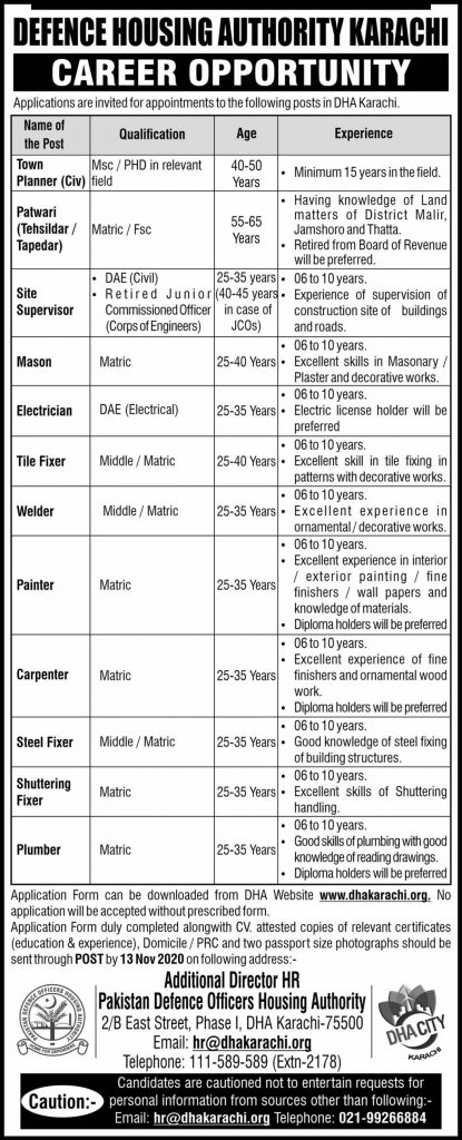 Defence Housing Authority (DHA) Karachi Jobs 3rd November 2020