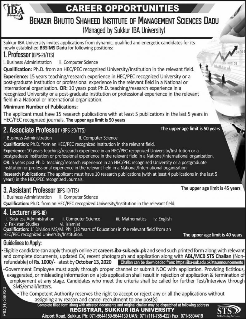 Benazir Bhutto Shaheed Institute of Management Sciences Daou Jobs 27th September 2020