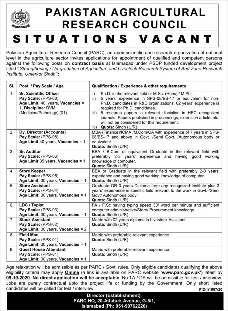 Pakistan Agricultural Research Council (PARC) Jobs 26th September 2020