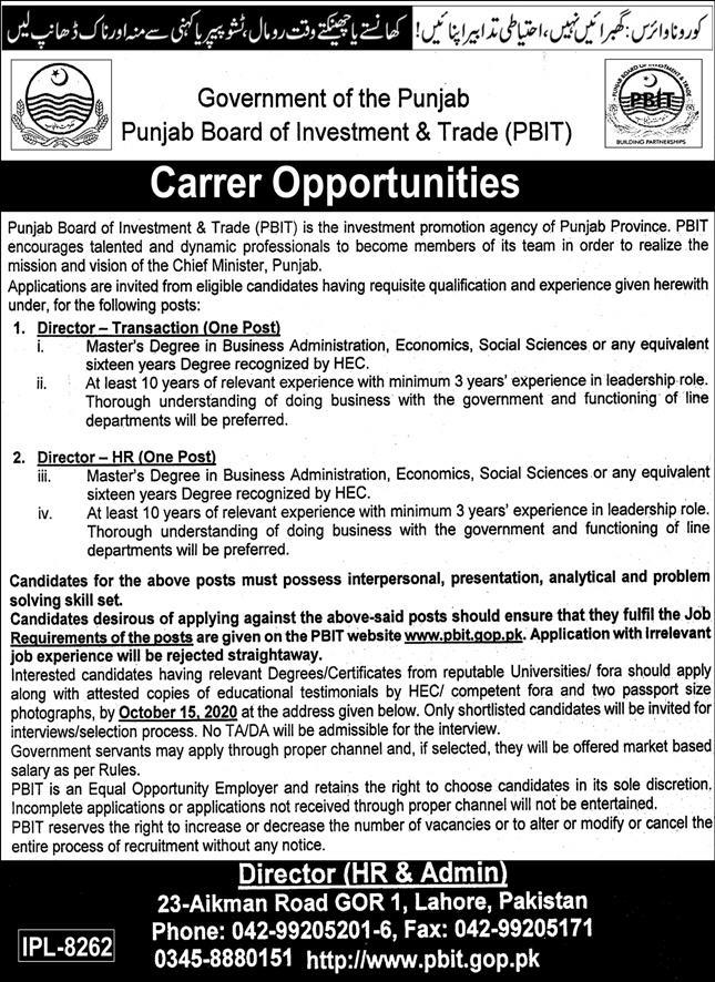 Punjab Board of Investment & Trade (PBIT) Jobs 25th September 2020