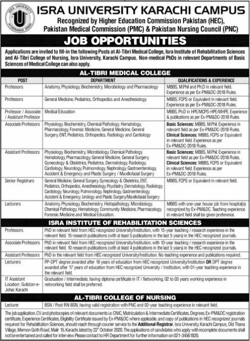 ISRA University Karachi Campus Jobs 11th October 2020