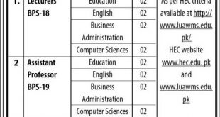 Lasbela University of Agriculture Water and Marine Sciences(LUAWMS) Jobs October 2020