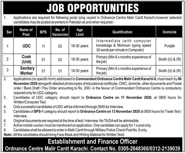 Ordnance Centre Malir Cantt Karachi Jobs 