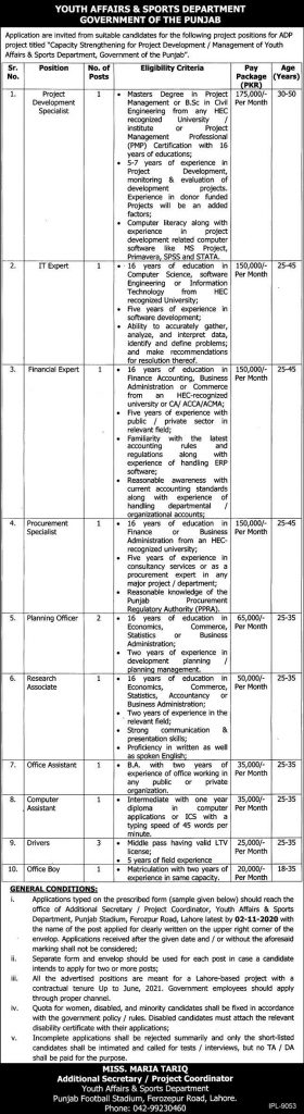 Youth Affairs & Sports Department Jobs 19th October 2020