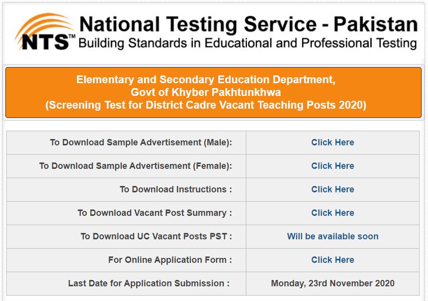 ESE KPK District Cadre Teaching NTS Jobs 7th November 2020