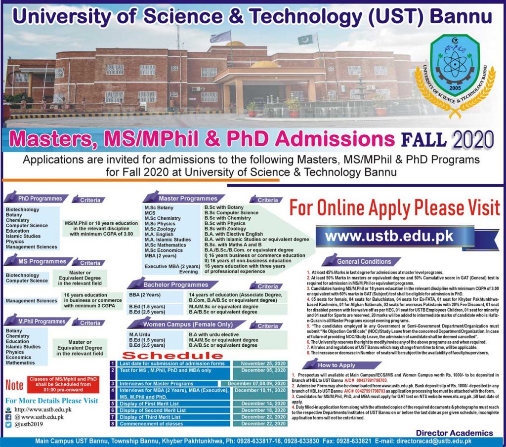 University of Science and Technology Bannu Masters, MS/M.Phil & Ph.D. Admissions Fall 2020