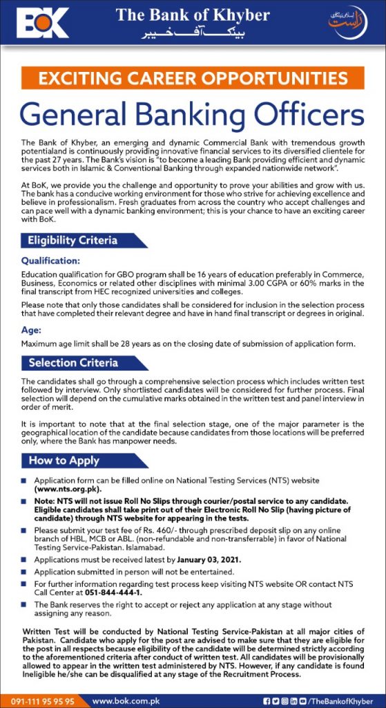 General Banking Officers with Bank of Khyber Jobs 2020