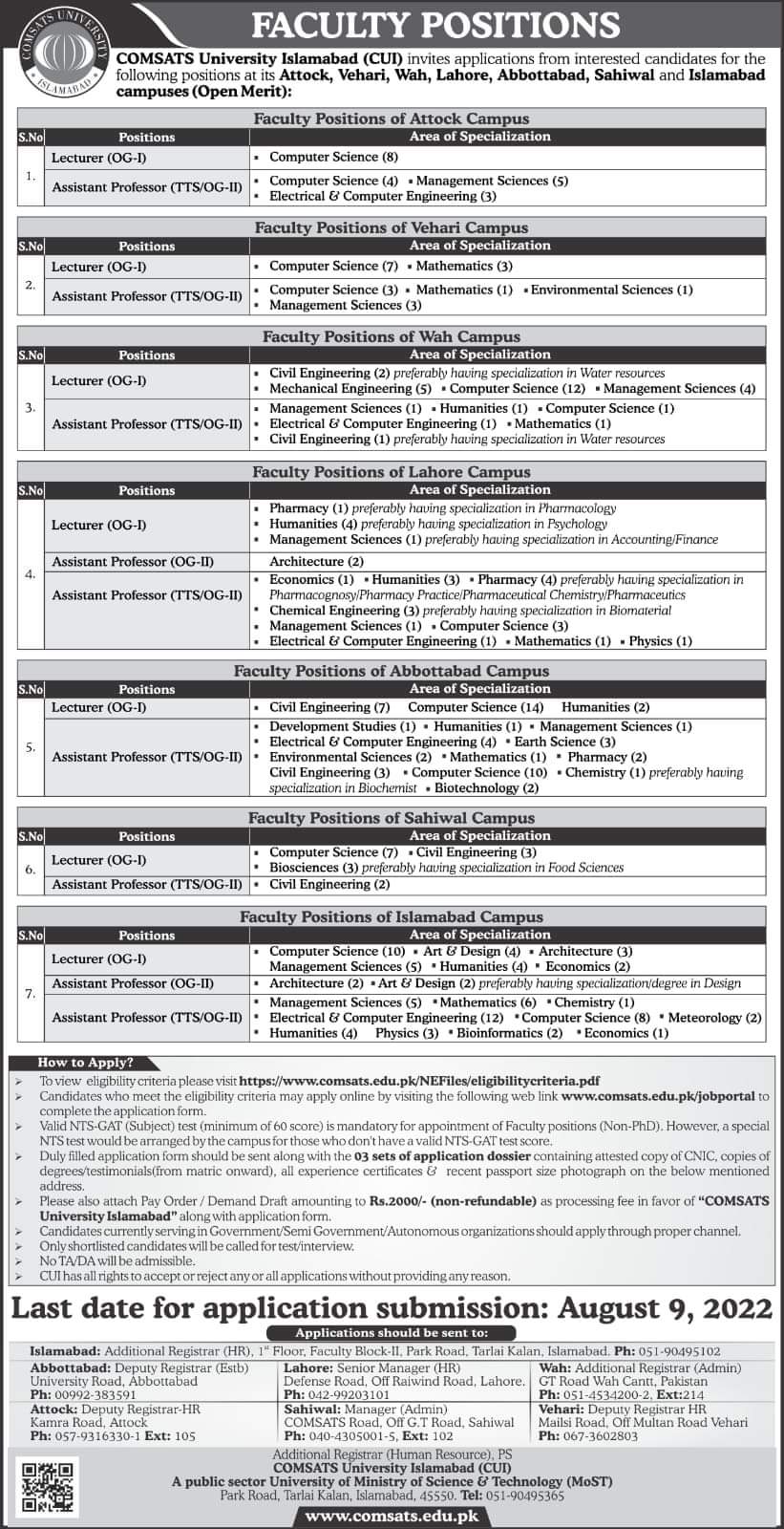 COMSATS University Islamabad (CUI) NTS Jobs 2022 Apply Online