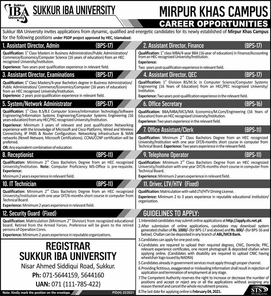 Sukkur IBA University Jobs from BPS-11 to BPS-17 Mirpur Khas Campus 17th January 2021