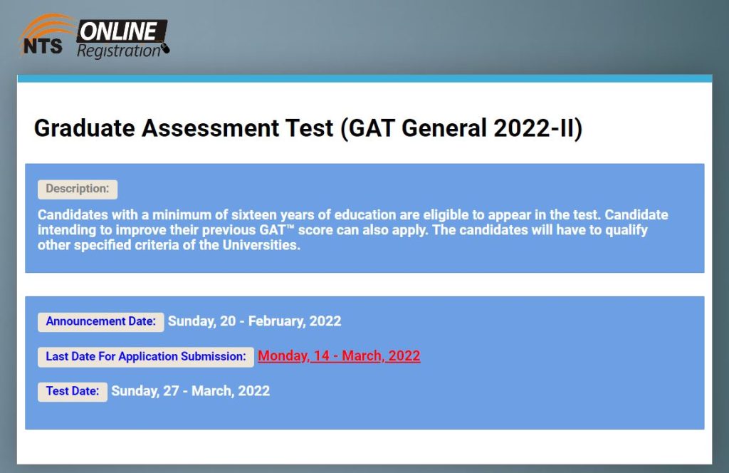 NTS Graduate Assessment Test (GAT Subject) 2022 Online Apply