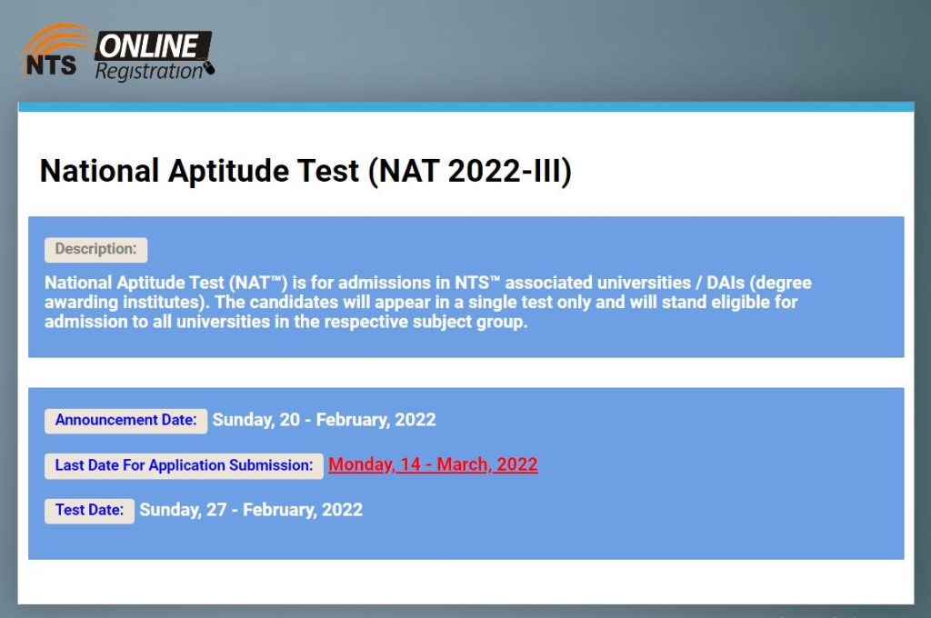 NTS National Aptitude Test (NAT 2022-III)Online Registration