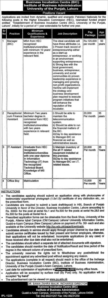 Business Incubation Centre (BIC) Institute of the Business Administration University of the Punjab LHR. Jobs 6th Feb 2021