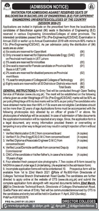 Directorate of Colleges & Higher Education Balochistan OTS Jobs 2021
