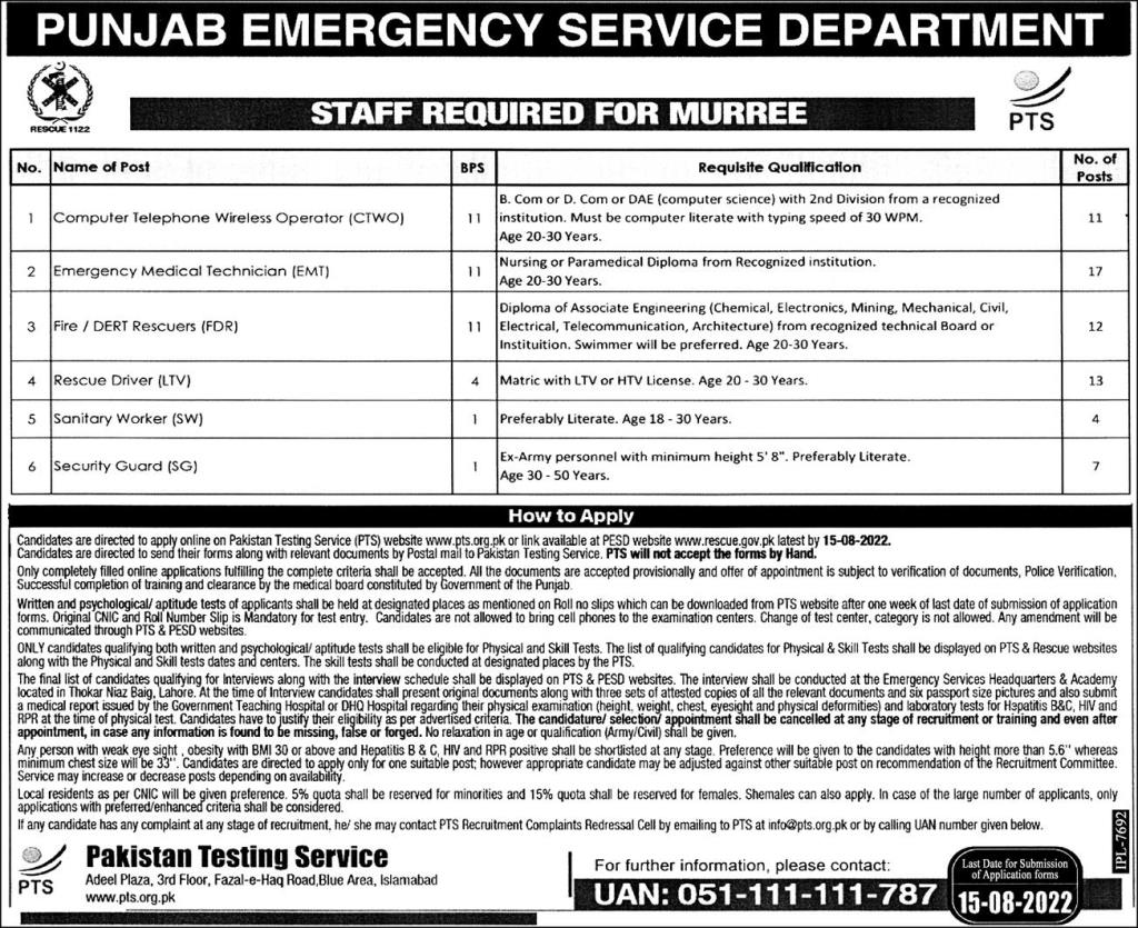 Rescue 1122 Muree PTS Jobs 28th July 2022 