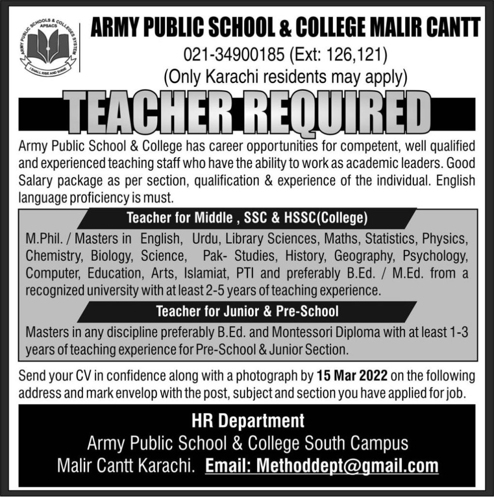 ARMY PUBLIC SCHOOL & COLLEGE MALIR CANTT TEACHERS JOBS 2022