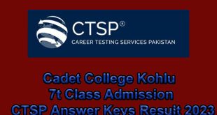 Cadet College Kohlu 7t Class Admission CTSP Answer Keys Result 2023