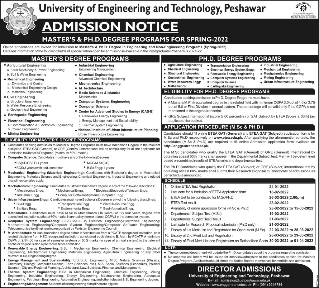 UET Peshawar Masters & PH.D. Degree Programs Admission ETEA Test Result 2022