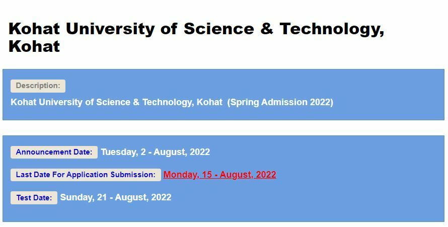 Kohat University of Science & Technology Special GAT General & Subject  Admission 2022