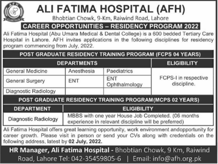 Ali Fatima Hospital (AFH)Jobs 2022