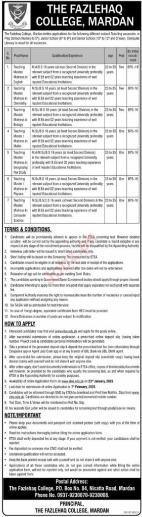 Fazlehaq College Mardan ETEA Jobs 2023 Online Apply