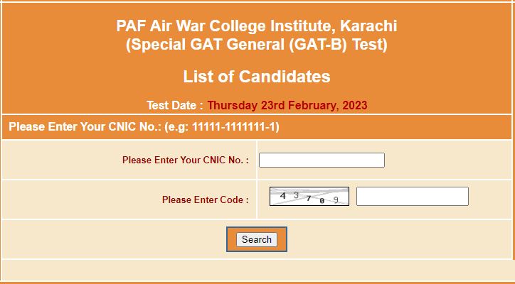 PAF Air War College Institute Karachi (GAT-B) NTS Test Result 2023